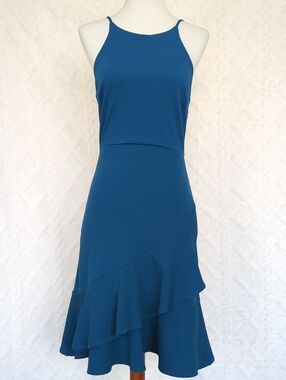 Sleeveless Teal Blue Ruffle Hem Dress